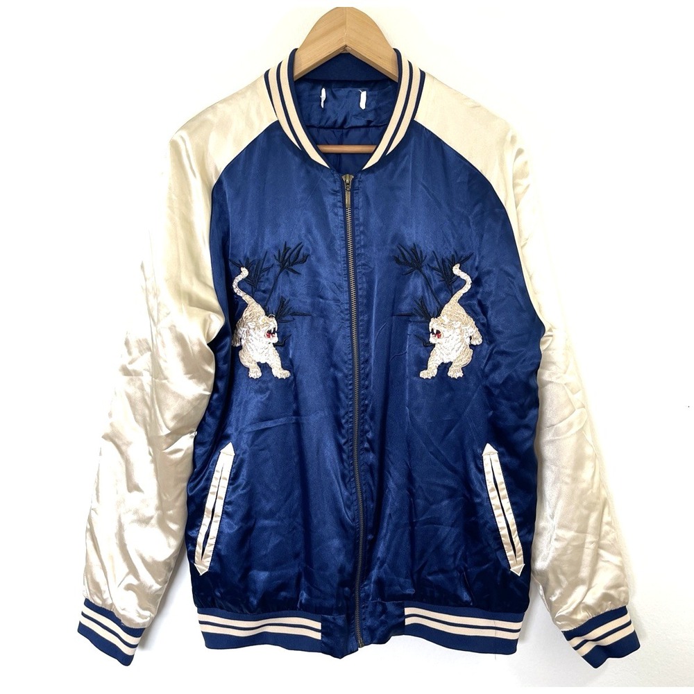 Standard Issue Mens Embroidered Tiger Bonsai Bomber Jacket Sz M Blue Streetwear